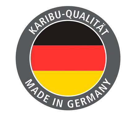 Deutsches Flaggensymbol mit der Aufschrift Karibu-Qualität und Made in Germany.