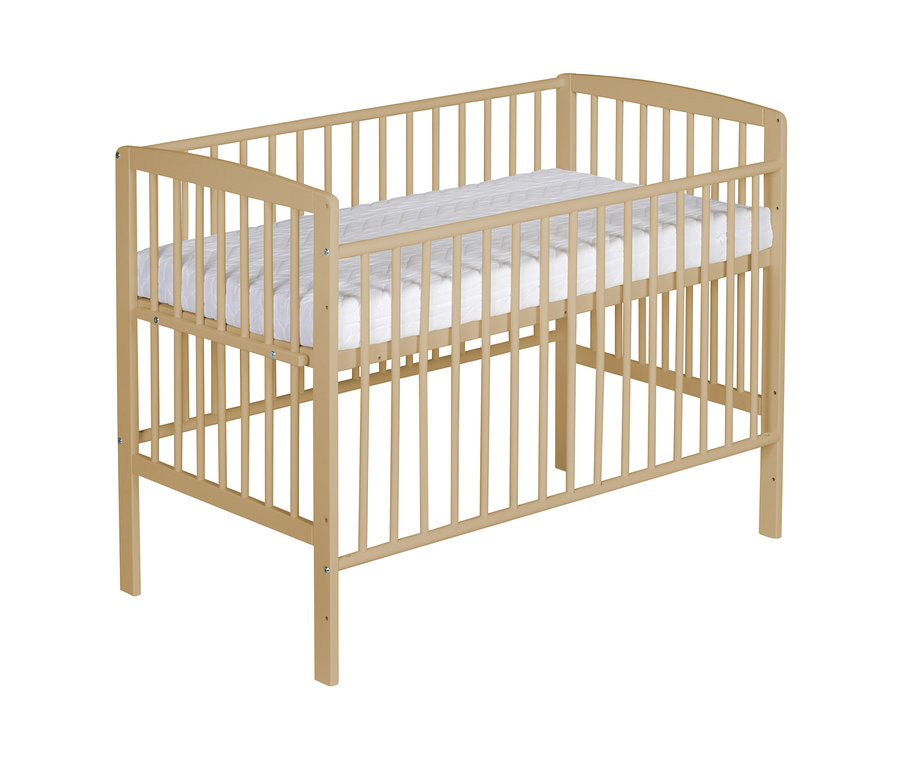 Ein naturfarbenes Schardt Beistellbett für Boxspring »Micky« mit einer weißen Matratze.