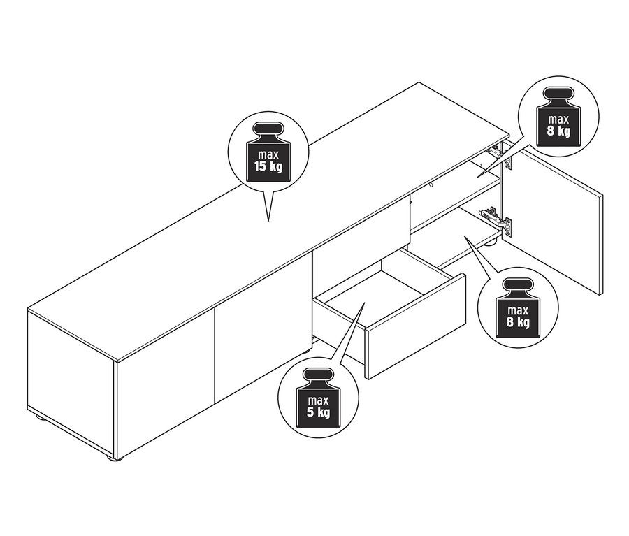 Schema eines Lowboards mit geöffneter Tür und Schublade.