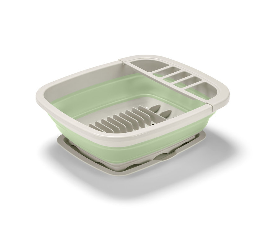 Ein faltbares Abtropfgestell in Hellgrün und Creme.