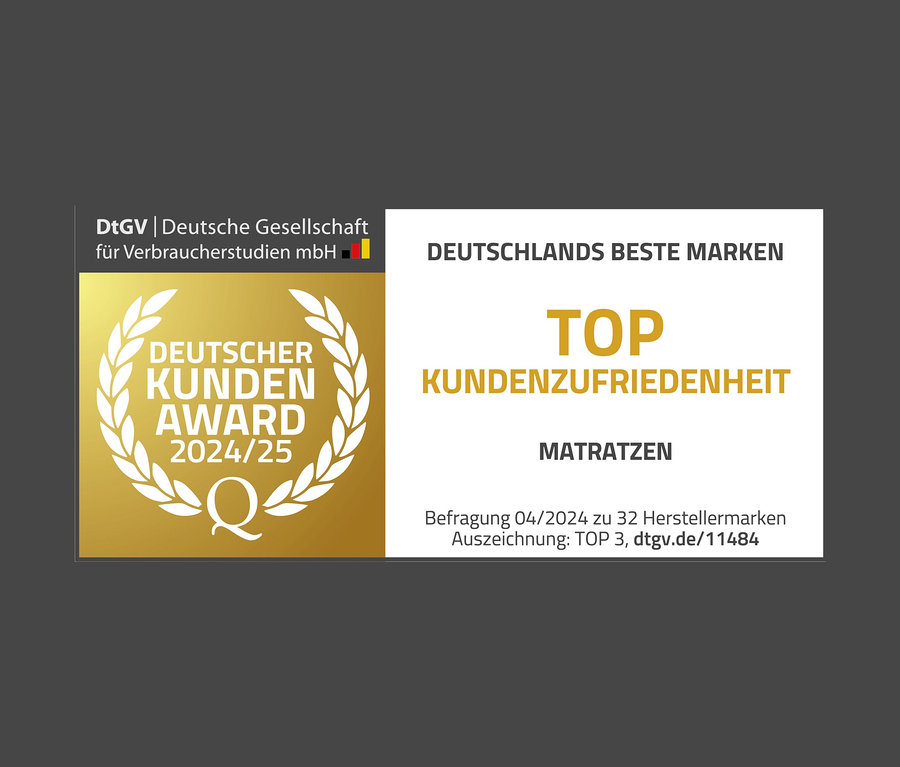 DtGV-Logo (Deutsche Gesellschaft für Verbraucherstudien) mit DEUTSCHER KUNDEN AWARD 2024/25, Auszeichnung DEUTSCHLANDS BESTE MARKEN und TOP KUNDENZUFRIEDENHEIT in der Kategorie MATRATZEN.