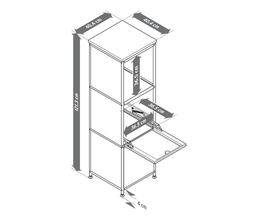Zeichnung einer schmalen, weißen Metallkommode »CN3« mit Holzplatte und zwei Klappfächern.