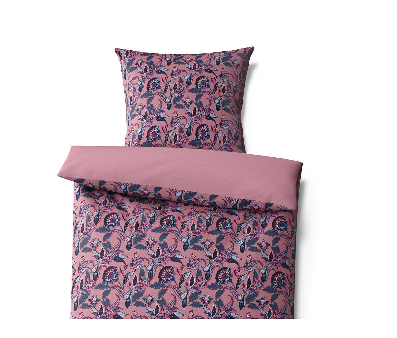 Rosa Winterjersey-Bettwäsche mit Blumen- und Blättermuster.