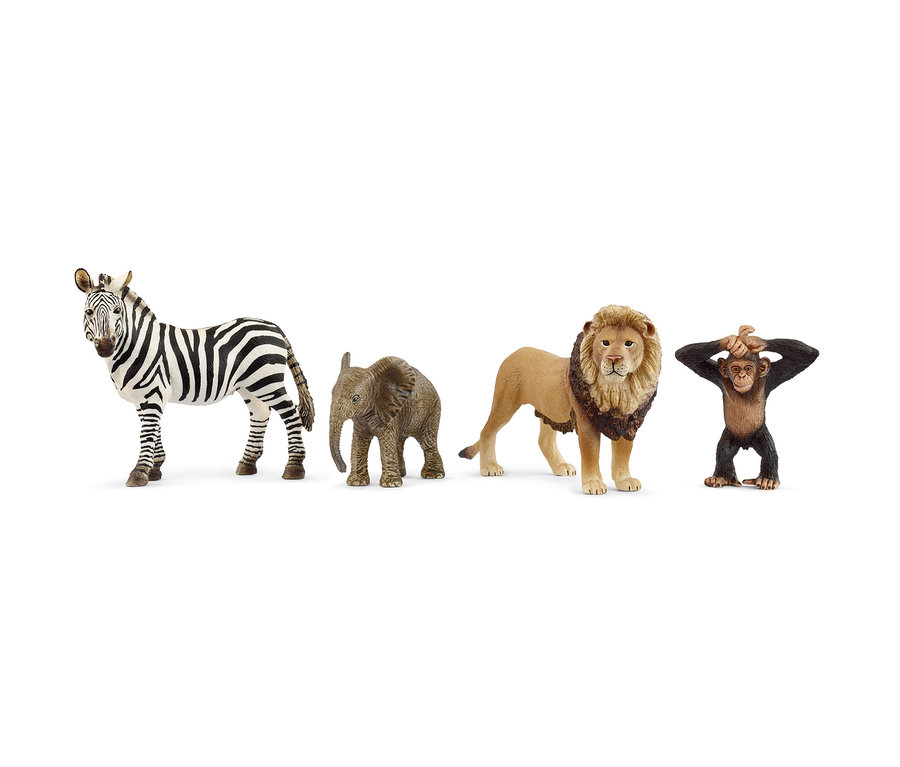 Vier Tierfiguren aus dem Schleich Starterset Wild Life Afrika: Zebra, Elefant, Löwe und Affe.