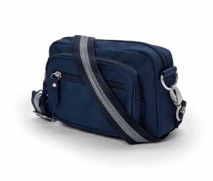 Blaue Sicherheits-Umhänge-und-Bauchtasche mit silbernem Reißverschluss und gestreiftem Riemen.