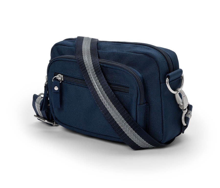 Blaue Sicherheits-Umhänge-und-Bauchtasche mit silbernem Reißverschluss und gestreiftem Riemen.