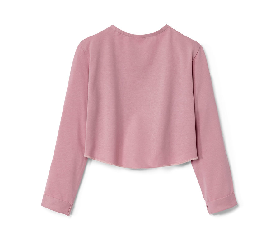 Rosa Baby-Bolero-Jacke mit langen Ärmeln auf weißem Hintergrund.