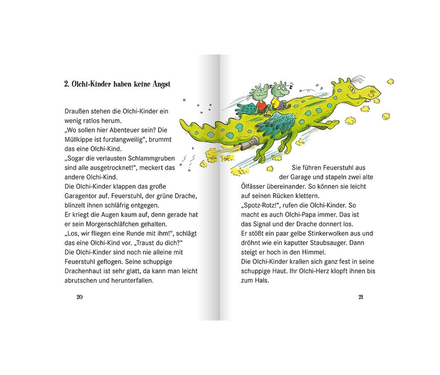 Illustration aus dem Buch-Set "Mein Kinderbuchhaus": Ein grüner Drache mit zwei Kindern auf seinem Rücken.