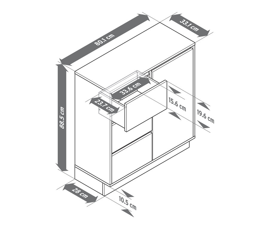 Abbildung eines weißen Bad-Sideboards mit Bemaßung.