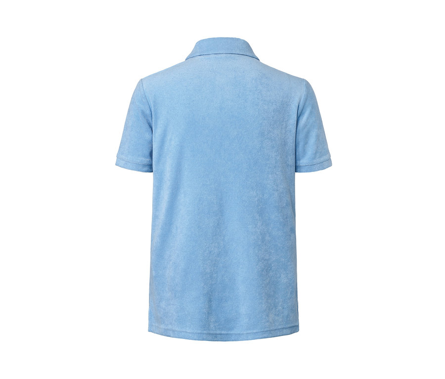 Blaues Frottee-Poloshirt von hinten.
