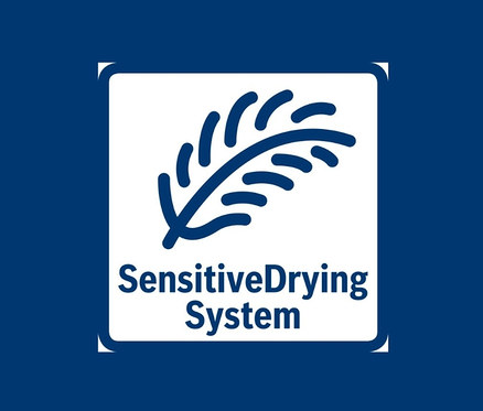 Blaues SensitiveDrying System Logo mit Blatt in blauem Rahmen.