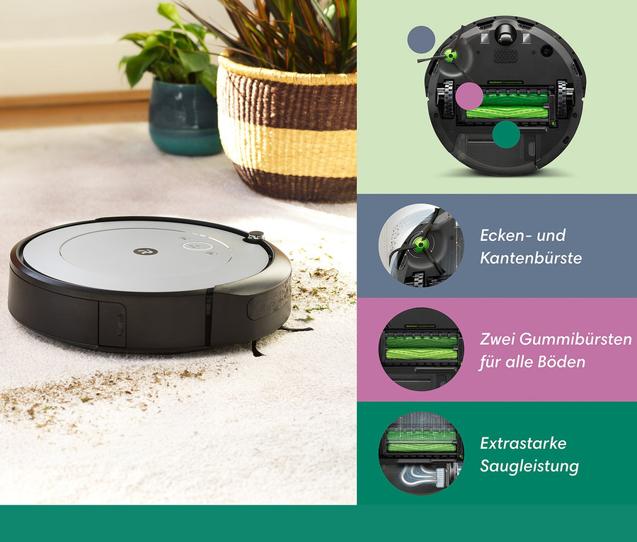 iRobot Roomba i1 Saugroboter auf Teppich neben Korb mit Pflanze.