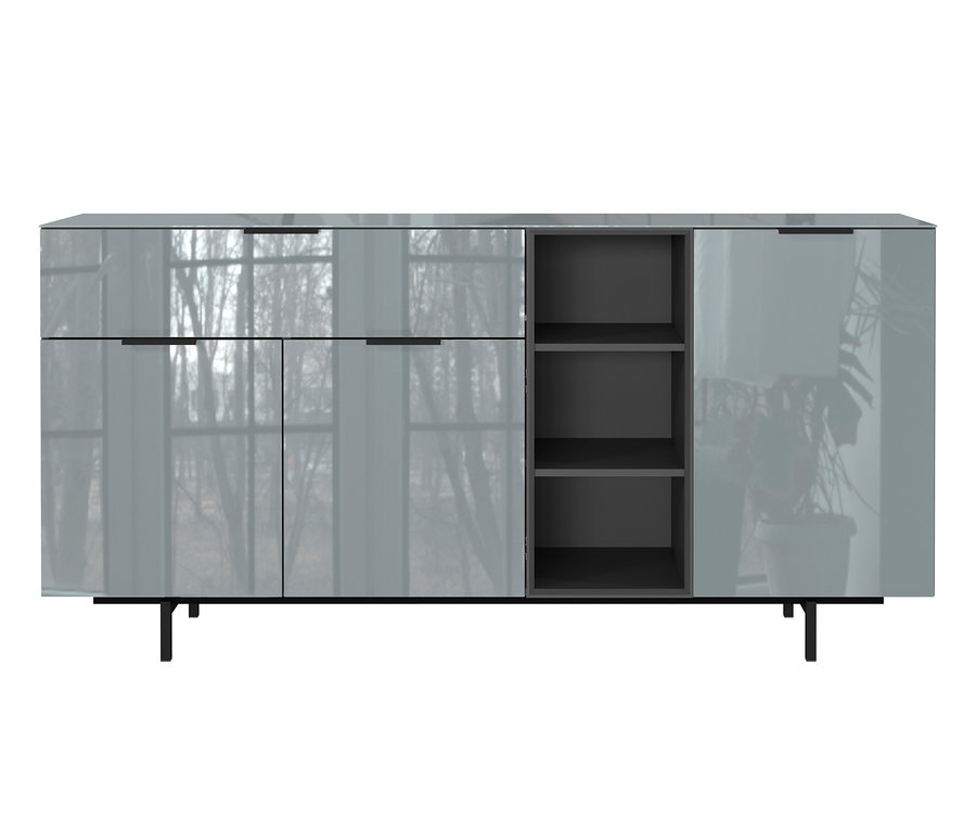 Graues, glänzendes Glas-Sideboard mit vier Türen und drei offenen Regalen.