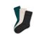 Drei Paar Socken in Schwarz, Smaragd und Beige.