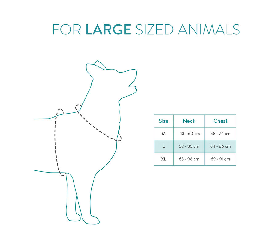 Umrisszeichnung eines großen Hundes mit angedeutetem Geschirr und Größentabelle. Dargestellt ist ein Navaris Hundegeschirr (groß).