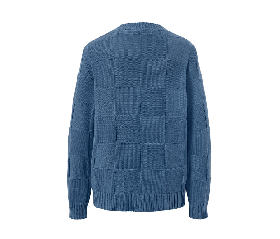 Blauer Pullover mit Karostruktur.