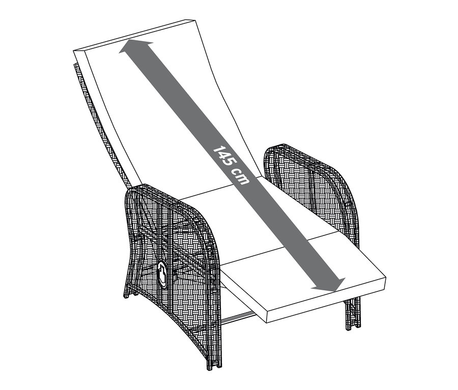 Illustration eines Sessel-Sets mit ausklappbarer Fußlehne und einem Pfeil mit den Maßen 145 cm.