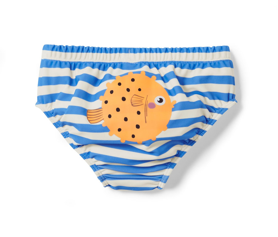 Baby-Schwimmwindel mit blauen und weißen Streifen und einem orangefarbenen Fisch.