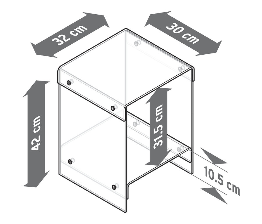 Abmessungen des Beistelltischs aus Acrylglas.