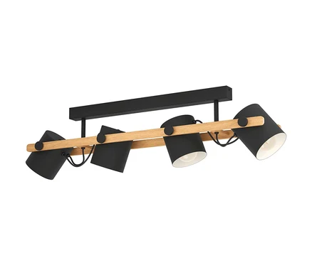 Vier schwarze Eglo Deckenleuchte Hornwood Schirme befestigt an einem hellen Holzbalken.