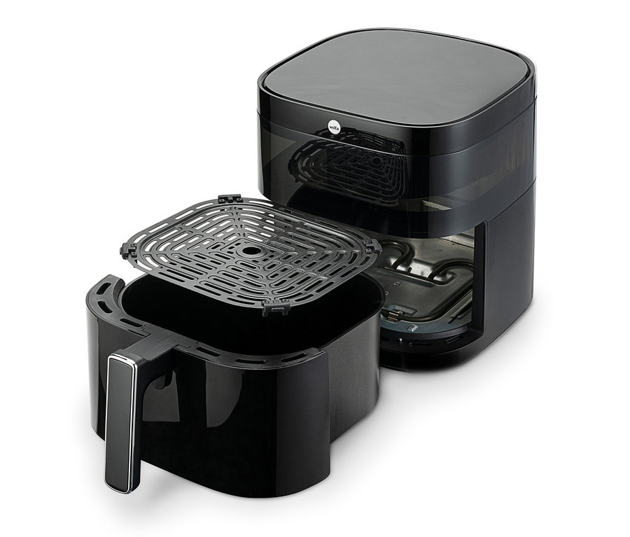 Schwarze WILFA Heißluftfritteuse »Dualfry«, 6 l, mit herausgenommenem Korb und Gitter.