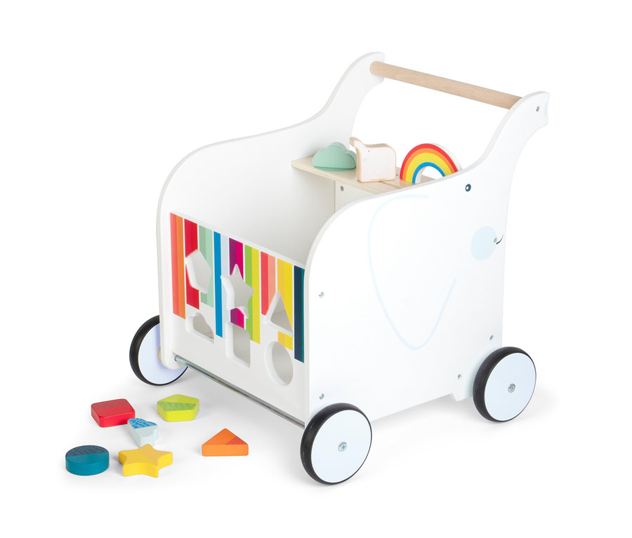 Weißer small foot Lauflernwagenbox Elefant mit bunten Formen und Holzspielzeug.