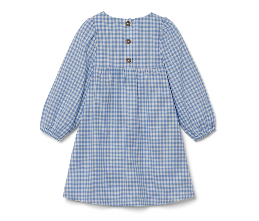 Blaues, kariertes Kinder-Webkleid mit langen Ärmeln und Knöpfen auf der Rückseite.