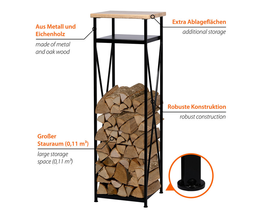 Schwarzes Kaminholzregal mit Holzdeckel, L, gefüllt mit Holzscheiten.