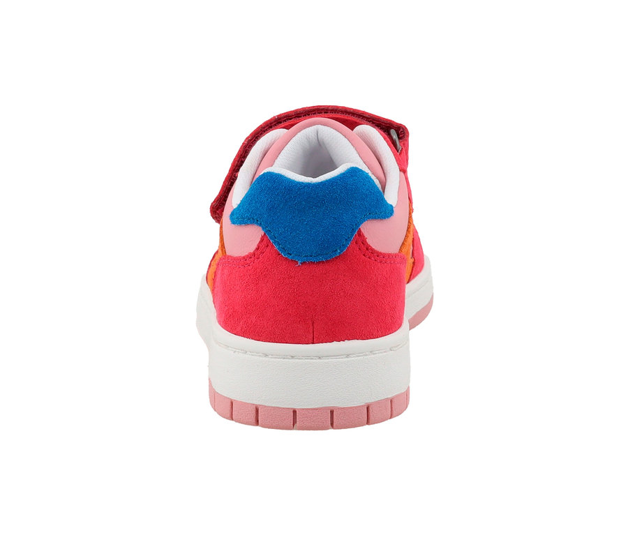 Rückansicht des Lurchi Sneakers »Gaio-S« mit rot-rosa-orangem Design und blauem Wildlederdetail.