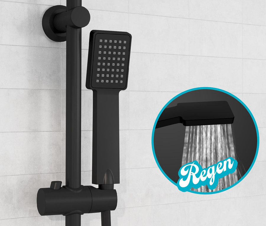 Schwarzes Überkopf-Brauseset »Easy Energy« vor weißem Fliesen-Hintergrund.