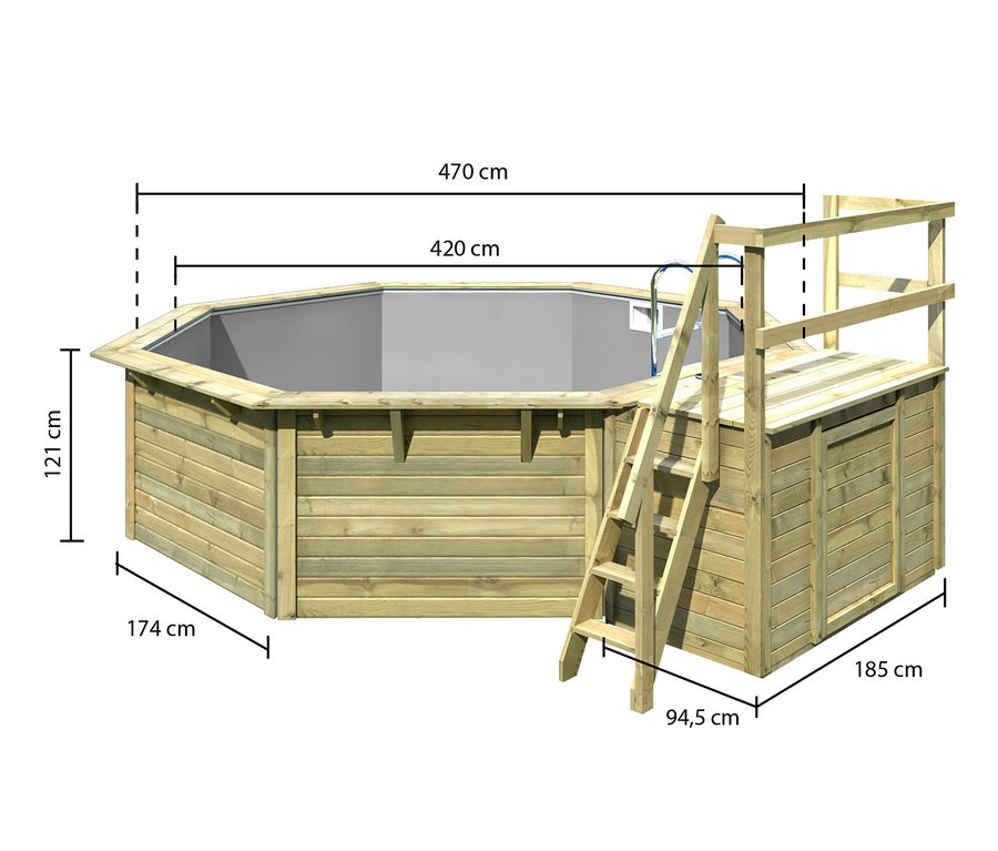 Abbildung des Karibu Gartenpool-Sets "Modell 2" inklusive Terrasse, ca. 550 x 470 cm.