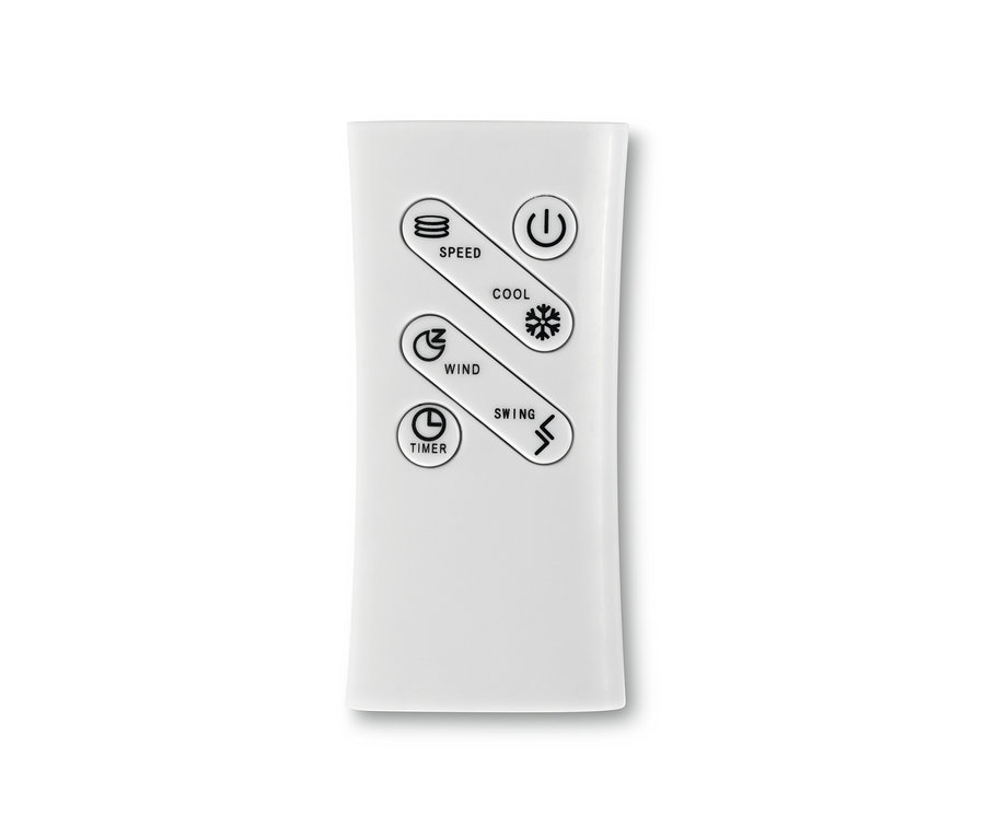 Nahaufnahme der weißen Fernbedienung des Luftkühlers mit schwarzen Symbolen für Geschwindigkeit, Kühlung, Wind, Timer und Schwenken. Hoberg Luftkühler »SW-44 T1BFKY«