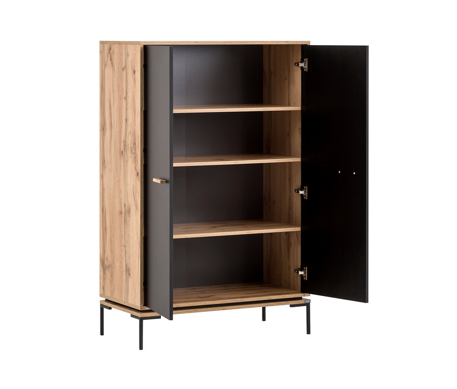 Teilweise geöffnetes schwarzes Highboard mit Holzregalen.