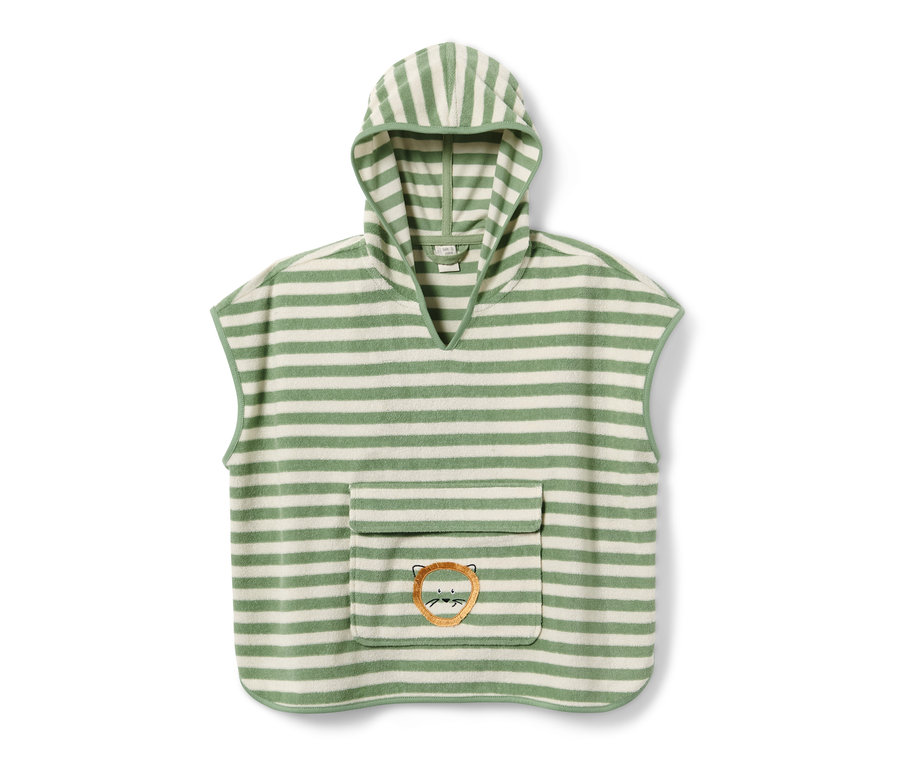 Grün-weiß gestreifter Baby- und Kleinkind-Frottierponcho mit Kapuze und Löwenapplikation auf der Tasche.