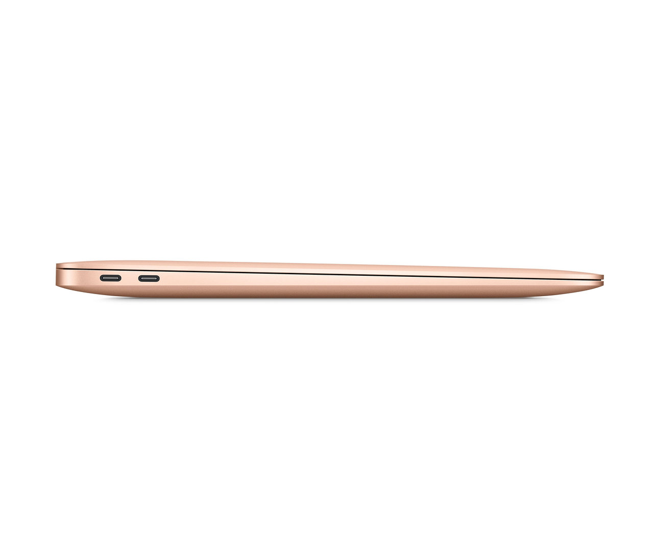 Detailansicht des Seitenprofils eines goldfarbenen Apple Macbook Air Retina 13" aus dem Jahr 2020.