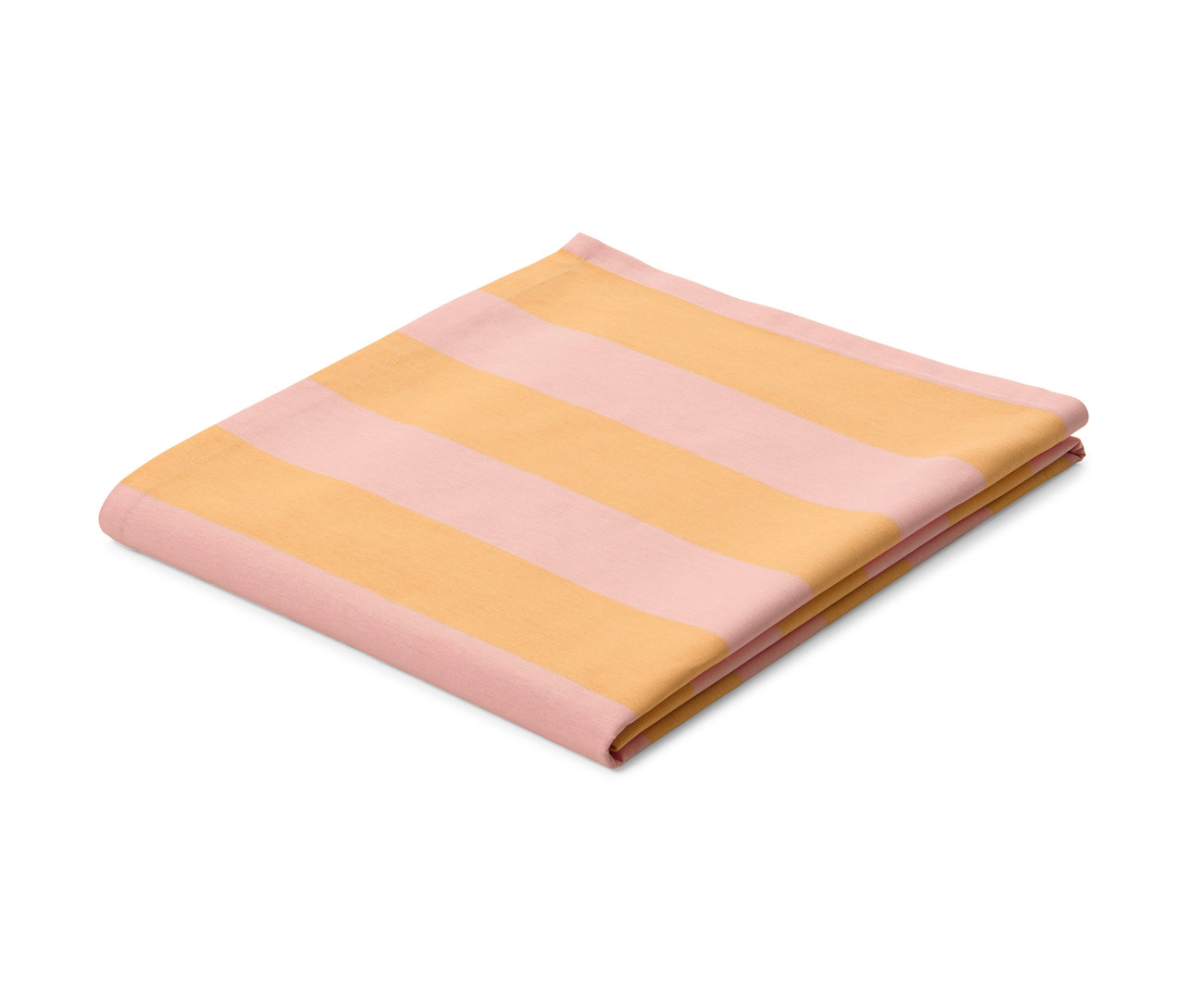 Gefaltete Outdoor-Tischdecke mit abwechselnden rosa- und orangefarbenen Streifen.