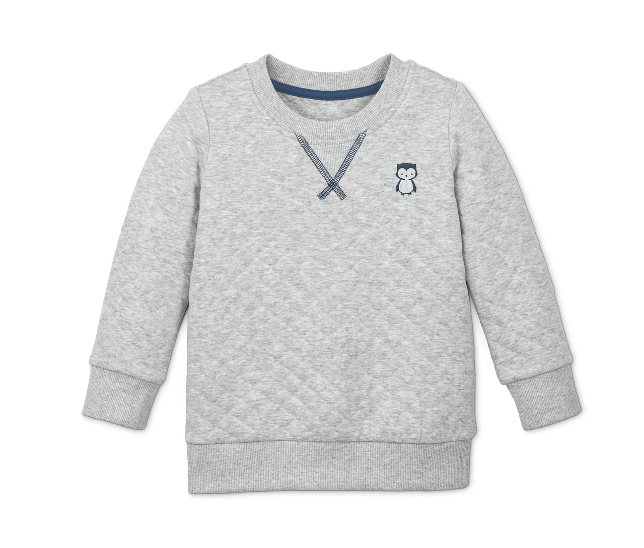 Graues Sweatshirt mit Steppmuster und Pinguin.