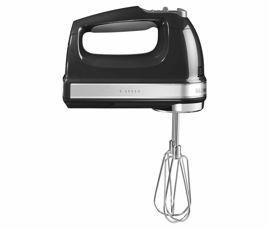 Schwarzer Handmixer mit Edelstahl-Schneebesen.