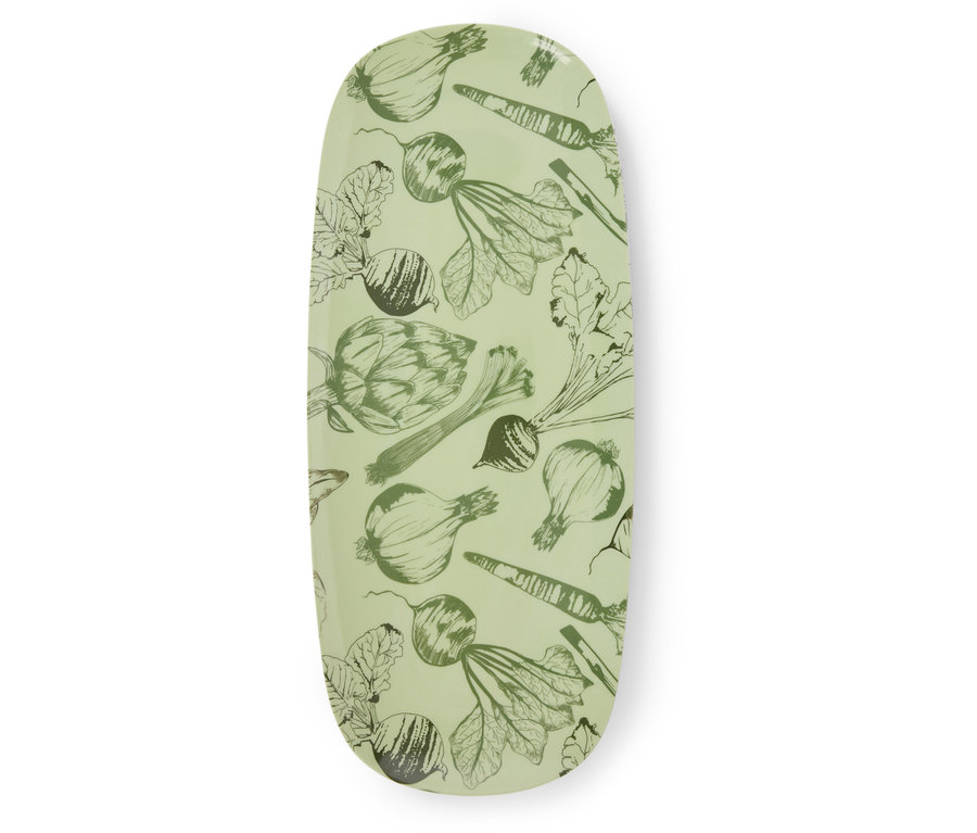 Tablett mit grünem Gemüseaufdruck.
