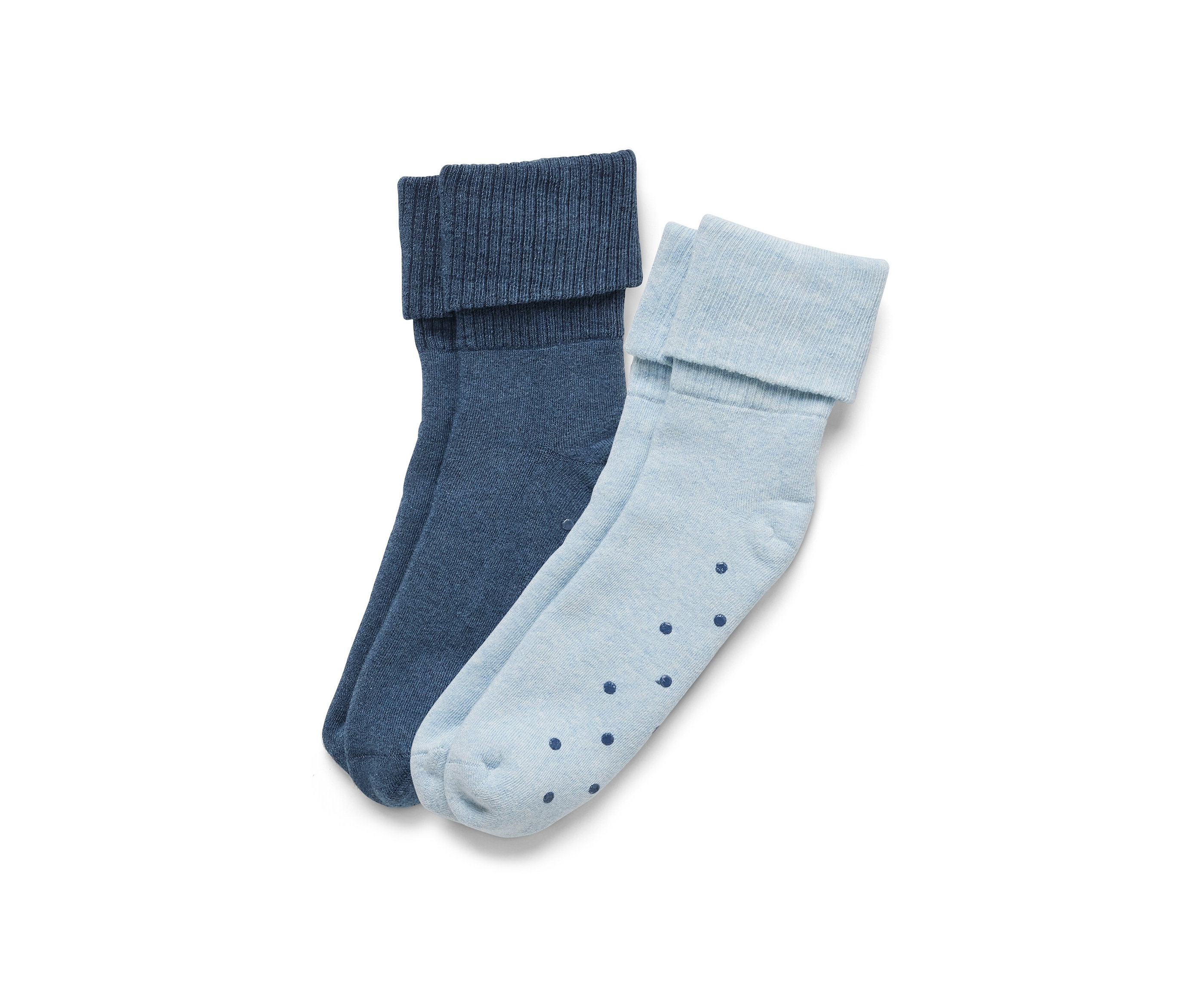Zwei Paar Stoppersocken: ein Paar dunkelblaue und ein Paar hellblaue Socken mit dunkelblauen Punkten.