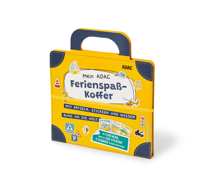 Gelber Koffer mit blauen Details, beschriftet mit Mein ADAC Ferienspaß-Koffer, ein Bücher-Set für Kinder.