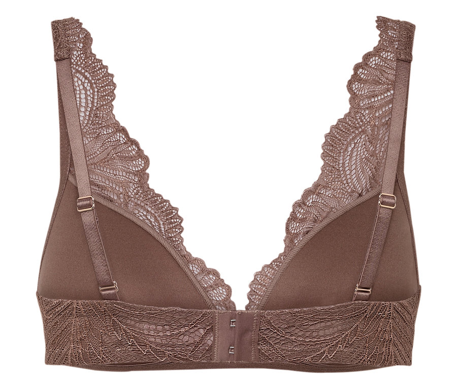 Detailaufnahme eines braunen Spitzen-BHs mit verstellbaren Trägern.