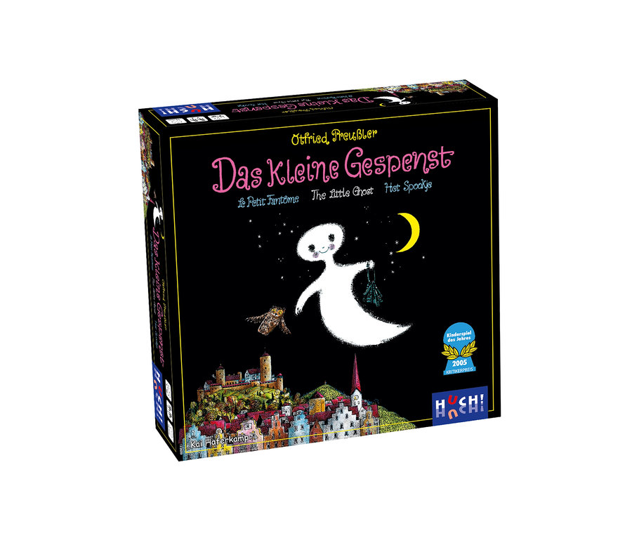Verpackung des Spiels "Das kleine Gespenst" mit Illustration eines Geistes, einer Burg und Nachthimmel.