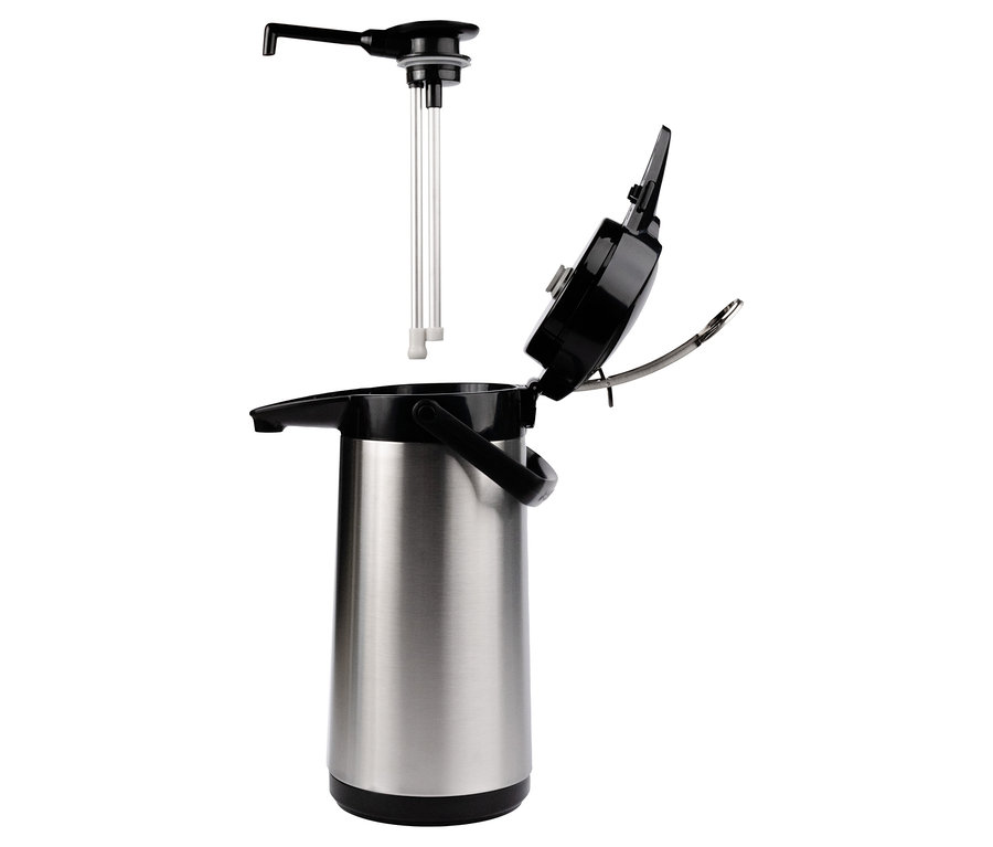 Silberne Pumpthermoskanne »Bonamat«, 2,2 l mit schwarzen Plastikelementen und abnehmbarem Oberteil.