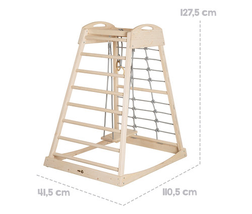 Heller roba Indoor-Spielturm mit Sprossenwand, Kletternetz und Turnringen.
