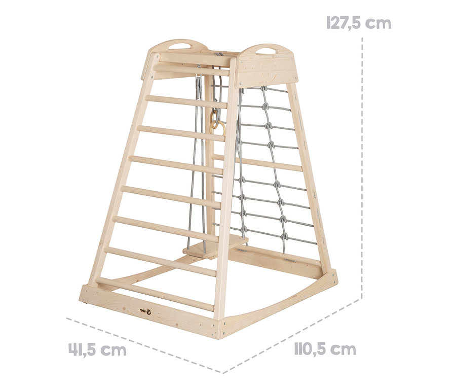 Heller roba Indoor-Spielturm mit Sprossenwand, Kletternetz und Turnringen.