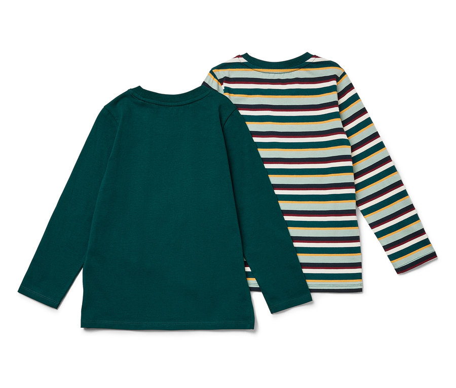 Zwei langärmlige T-Shirts: eines grün, eines gestreift.