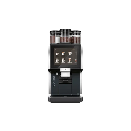Ein Kaffeevollautomat mit Display und drei transparenten Behältern für Kaffeebohnen.