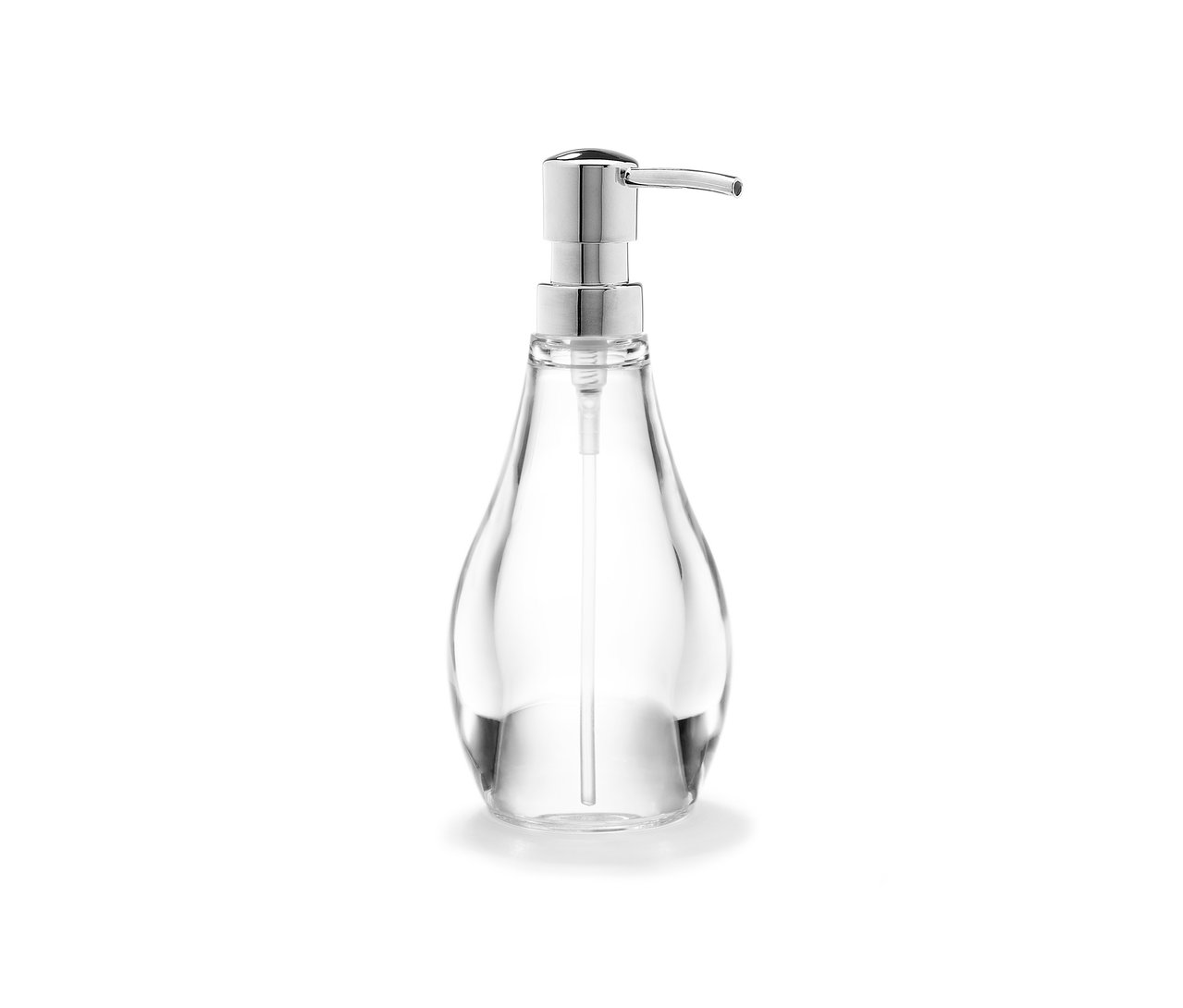 Ein »Droplet« Seifenspender aus durchsichtigem Glas mit Chrompumpe.