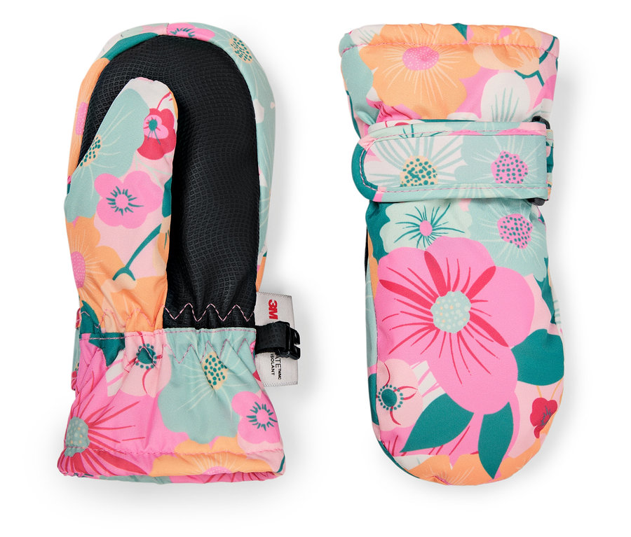 Zwei Fäustlinge mit Blumenmuster liegen nebeneinander.